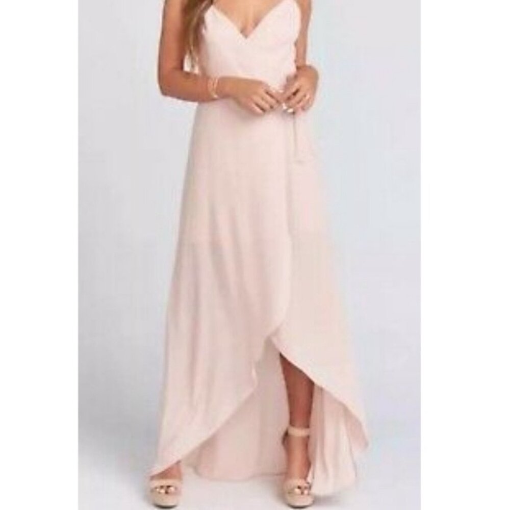 Show Me Your Mumu Liz wrap dress in soft beige maxi bridesmaid spaghetti strap
